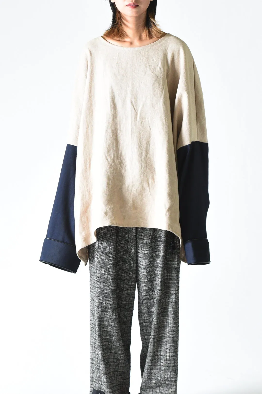 BISHOOL Linen × Urban Wool Docking Wide Pullover kinari×blue