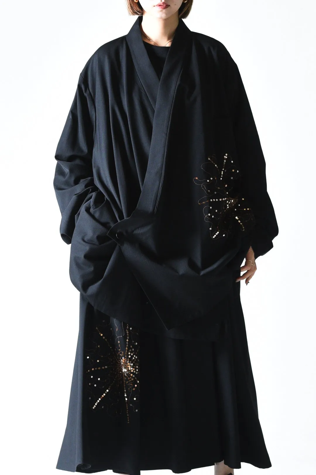 Sequins Embroidery Wool Gabardine KIMONO Over Jacket"花火" black×gold Emb
