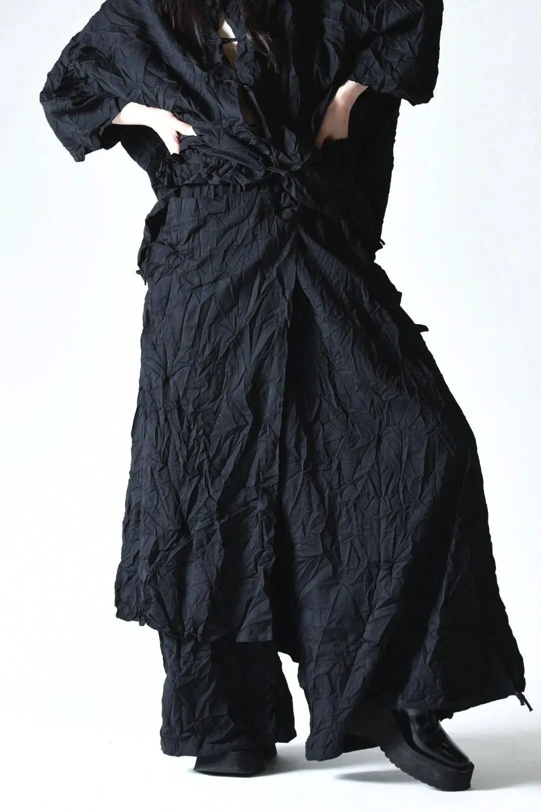 Wrinkled Wool Gabardine Wrap Balloon Pants