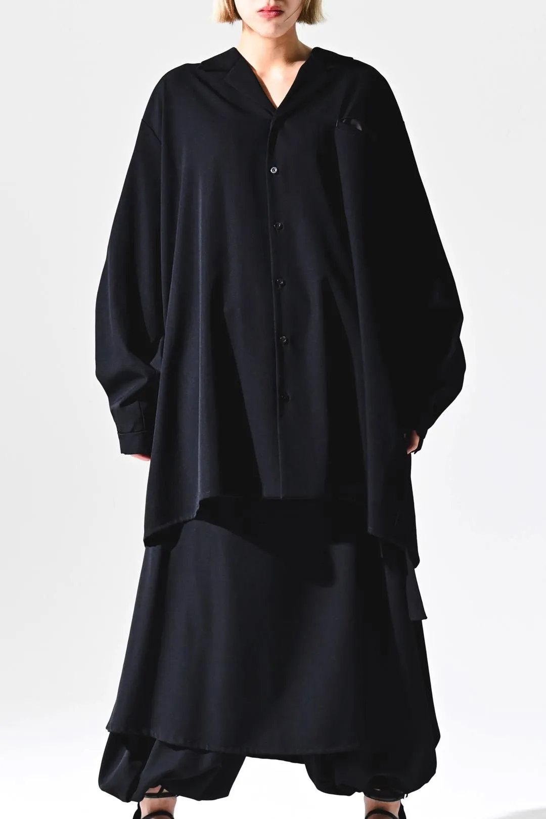  Wool Gabardine Drape Oversized 開襟 Shirt black